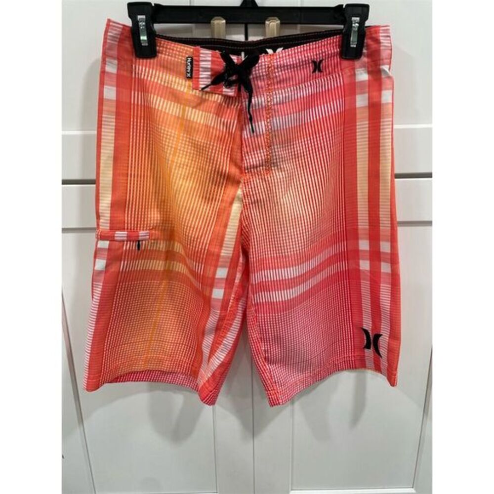 Hurley Boys' Plaid Board‎ Shorts Size 16 Orange/White/Black Drawstring Waist